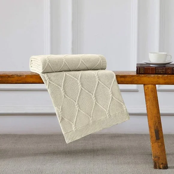 Luxury Cotton Knitted Cable Throw Blanket Cream - Picture 3 of 7
